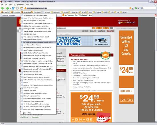 Live bookmark of Ars Techinica’s RSS feed in Firefox